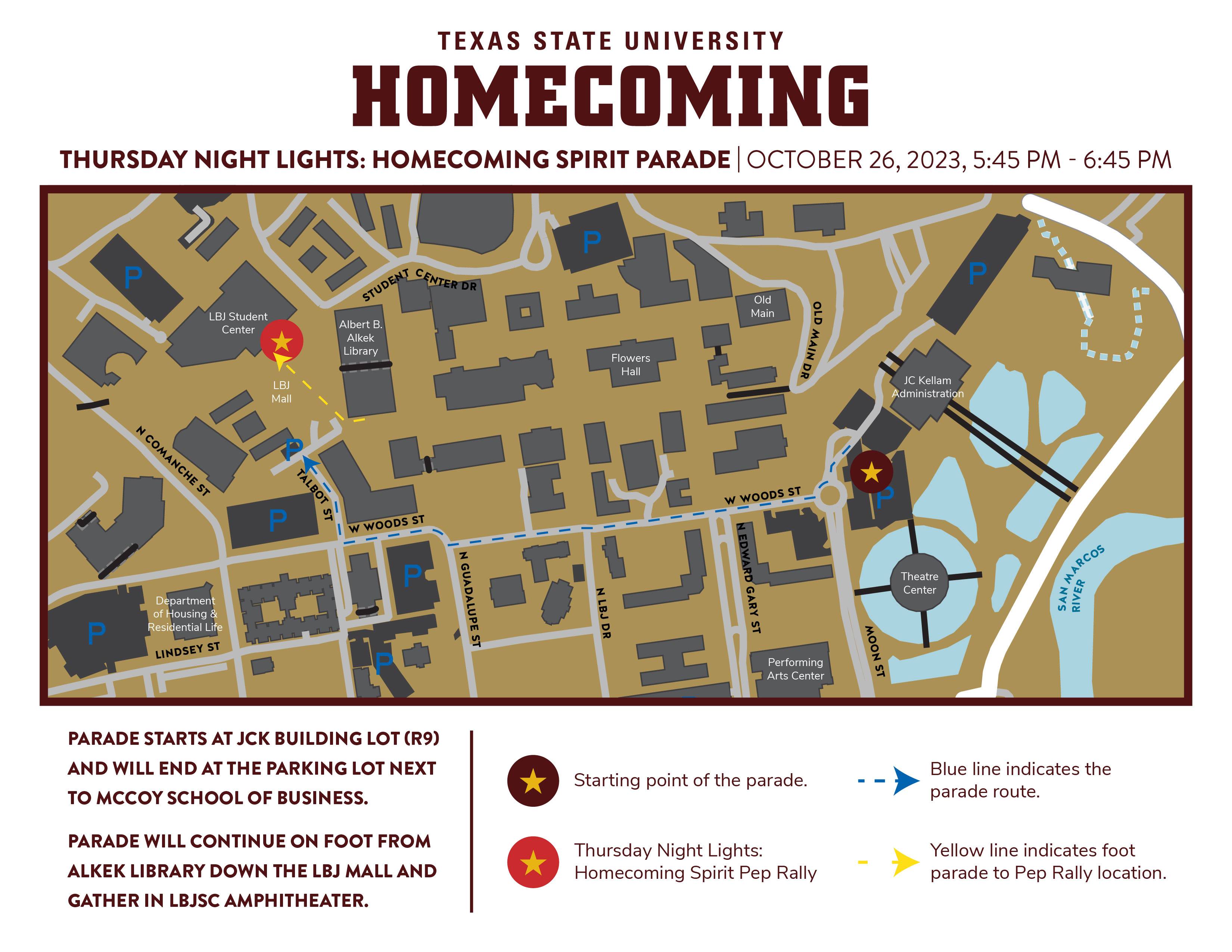 Spirit Parade and Pep Rally Map Texas State Texas State